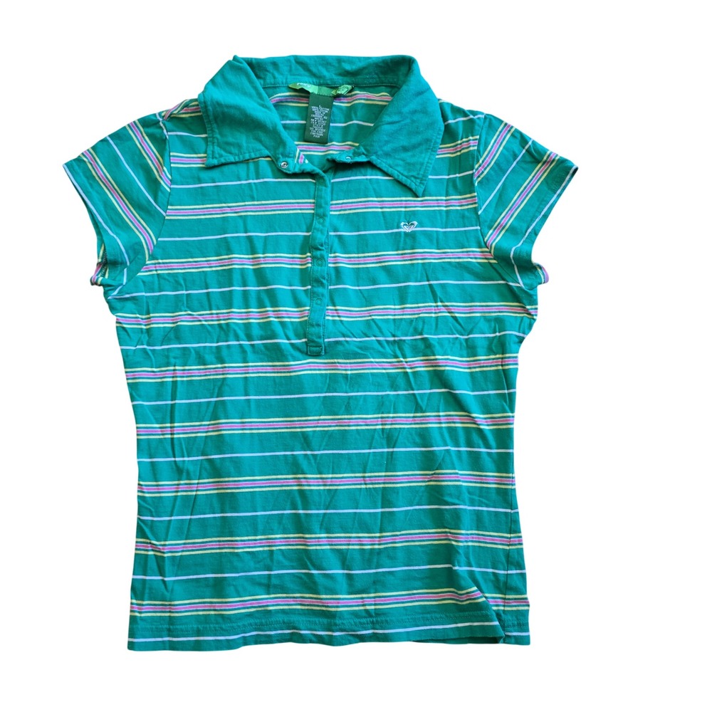 Roxy Green Striped Short Sleeve Polo Shirt Cotton Snap Placket Size L